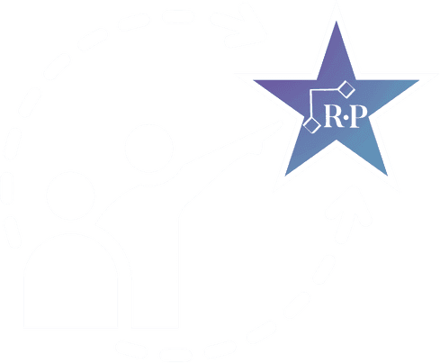 Two simplified white human figures, one pointing toward a blue star with the letters R·P and constellation lines inside; a dashed curved arrow circles from the figures to the star.