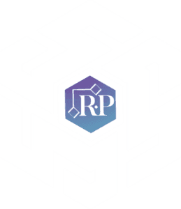 A white geometric maze-like shape with a hexagonal center. Inside the center, there is a purple-blue gradient hexagon featuring the letters RP in white, surrounded by small white diamonds.