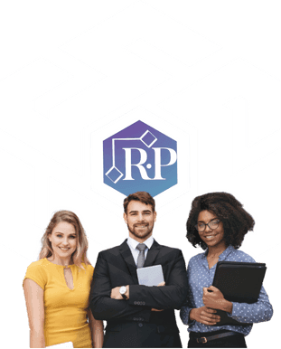 Three professionally dressed people—two women and one man—stand smiling in front of a geometric white logo with a hexagon and R:P at the center. They are holding folders and documents.