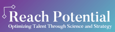 Text reads Reach Potential: Optimizing Talent Through Science and Strategy on a purple-to-blue gradient background with a simple line and diamond graphic on the left.