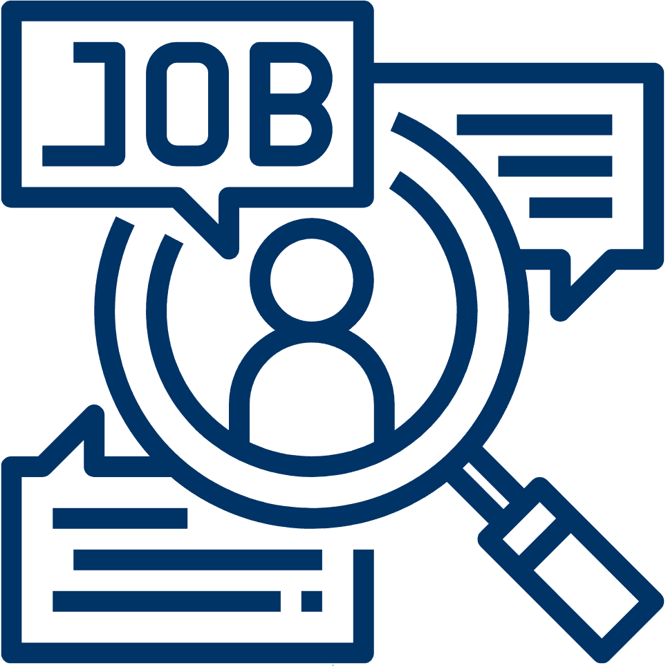 Blue line drawing of a magnifying glass focusing on a person icon, surrounded by speech bubbles, one containing the word JOB, representing job search or recruitment.