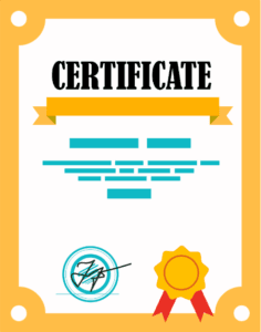 Illustration of a certificate with a gold border, the word CERTIFICATE in bold at the top, a yellow ribbon graphic, blue lines representing text, a signature, and a gold seal with red ribbons at the bottom.