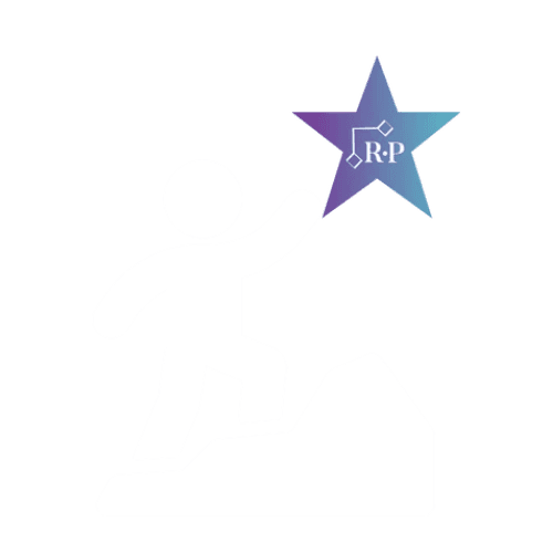 A simplified white figure climbs a hill and reaches for a blue-purple star with a molecular structure and the letters R•P inside. The background is transparent.