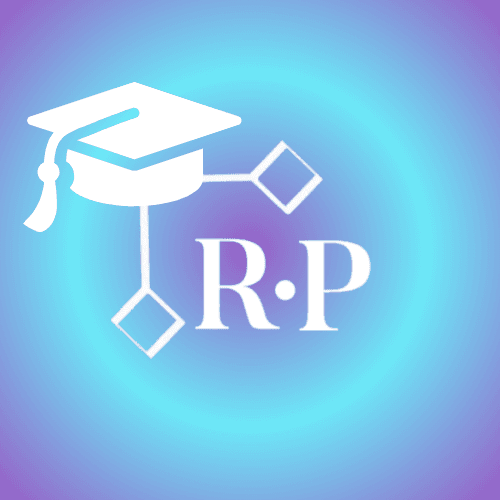 A white graduation cap and three connected diamonds appear next to the letters R•P on a blue and purple gradient background.