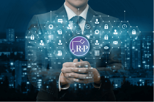 A person in a suit stands with hands close together, overlaid with digital icons representing security and communication, and a central magnifying glass symbol showing the letters R•P. Cityscape blurred in the background.
