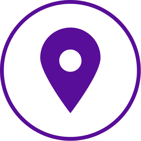 A purple map location pin icon centered inside a purple circle on a transparent background.