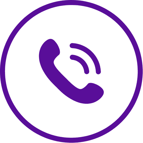 A purple telephone handset icon with sound waves, enclosed in a circular border on a transparent background.