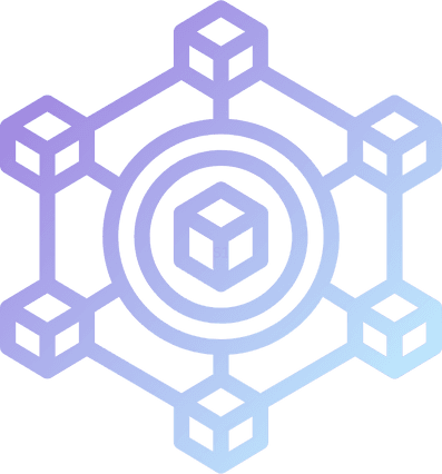 A geometric illustration of interconnected cubes arranged in a hexagonal network, with a central cube surrounded by circles and lines connecting to six outer cubes, symbolizing blockchain or network connectivity.