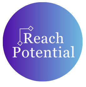 round logo with the words "reach potential" written on a gradient purple and teal backgrounc