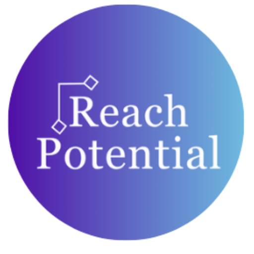round logo with the words "reach potential" written on a gradient purple and teal backgrounc